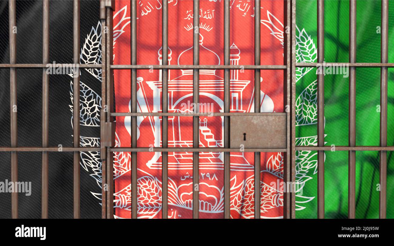Immagine icona sul tema della prigionia in Afghanistan. Le barrette di prigione di fronte alla bandiera afghana. Foto Stock