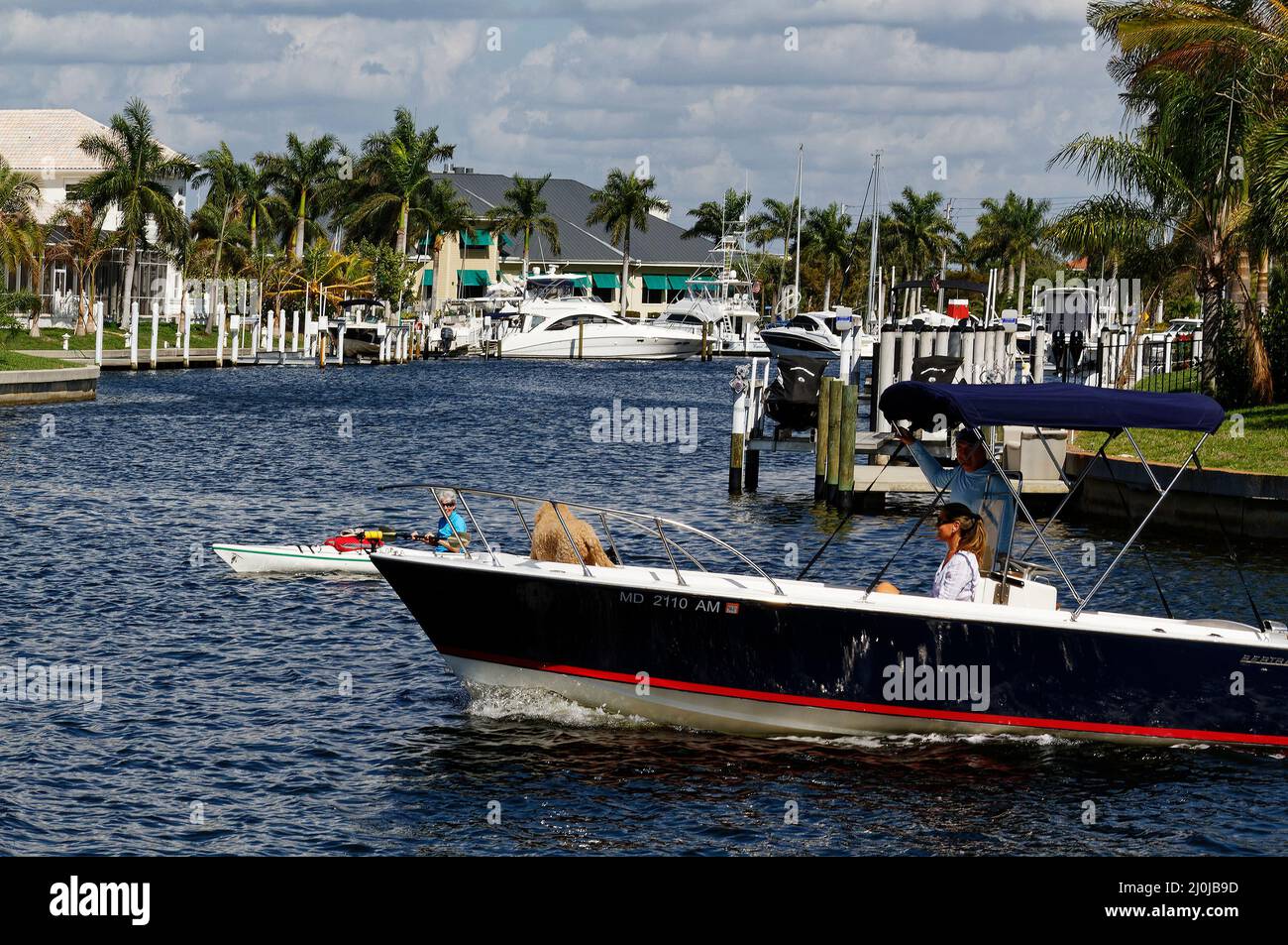 attività nautiche, motoscafo, cane, kayak, movimento, canale, bacini, acqua blu, ricreazione, scena marina, Florida, Punta Gorda, FL, MR Foto Stock