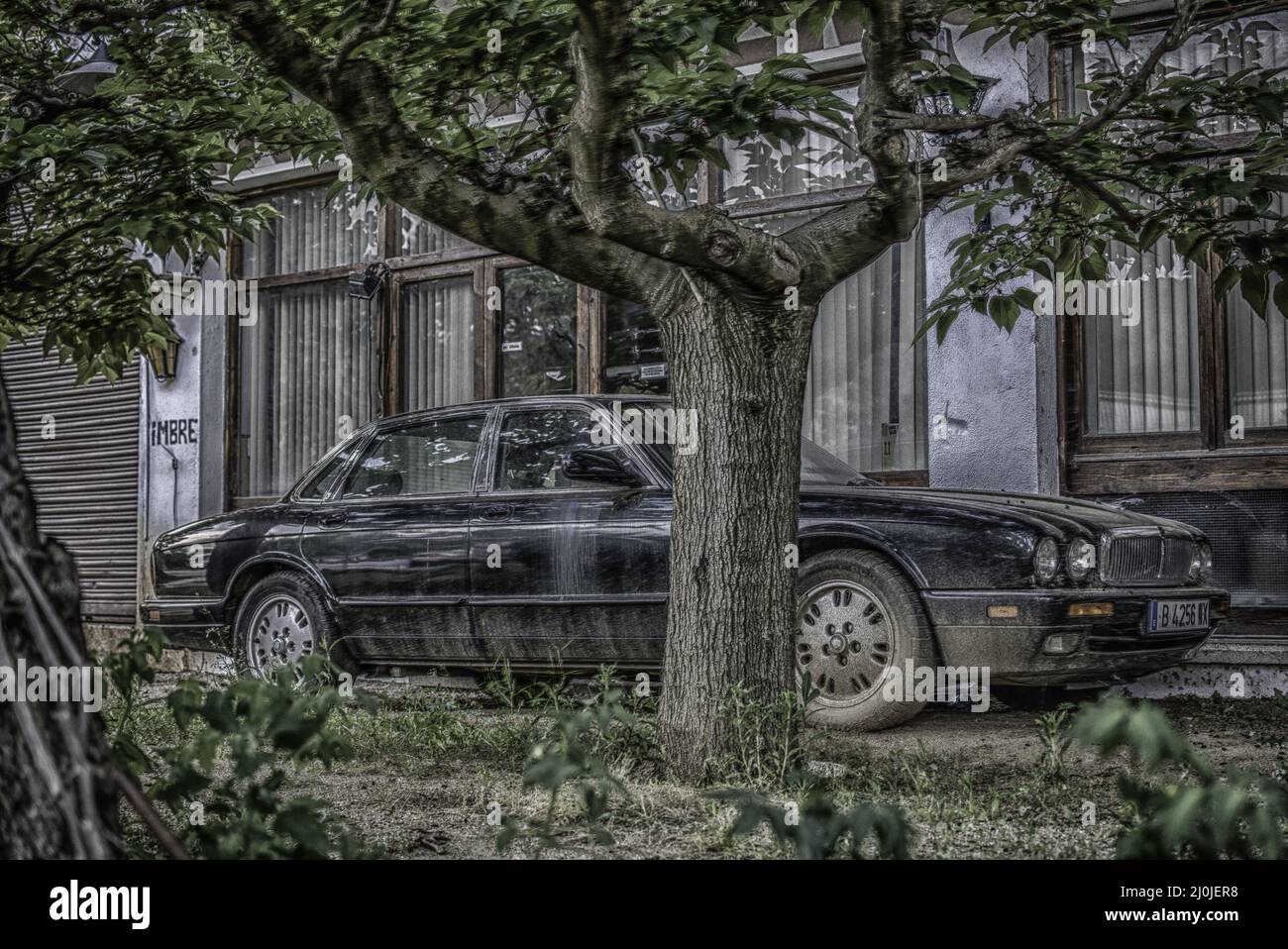 Vecchia vettura classica parcheggiata in strada, modello Jaguar XJ Foto Stock