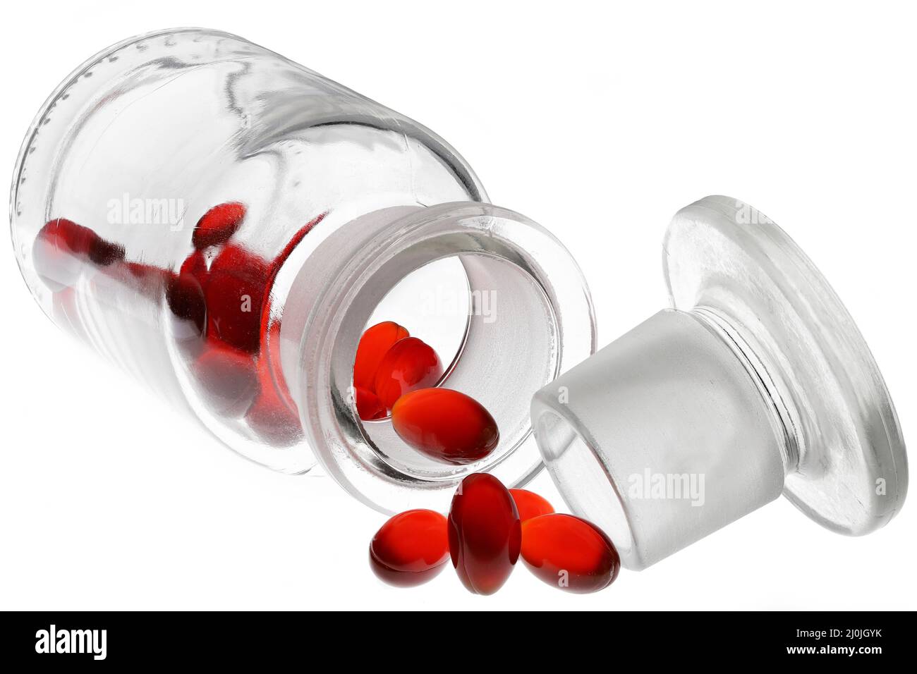 krill capsule di olio in flacone di vetro di farmacia isolato su sfondo bianco Foto Stock