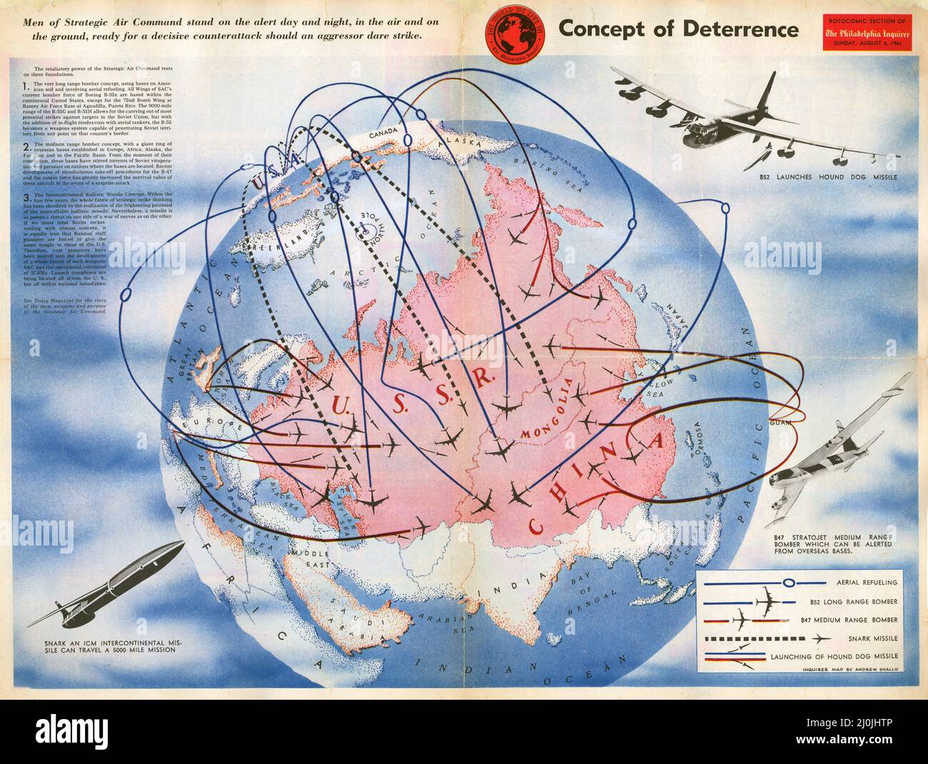 1961 carta propagandistica dell'Unione anti-sovietica - concetto di deterrenza - uomini del comando aereo strategico su giorno e notte allerta. Foto Stock