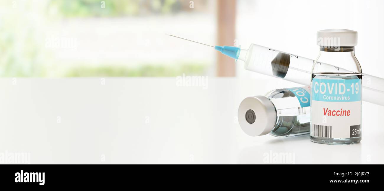 Siringa medica con un ago e un bollte con il vaccino. Rendering 3D Foto Stock