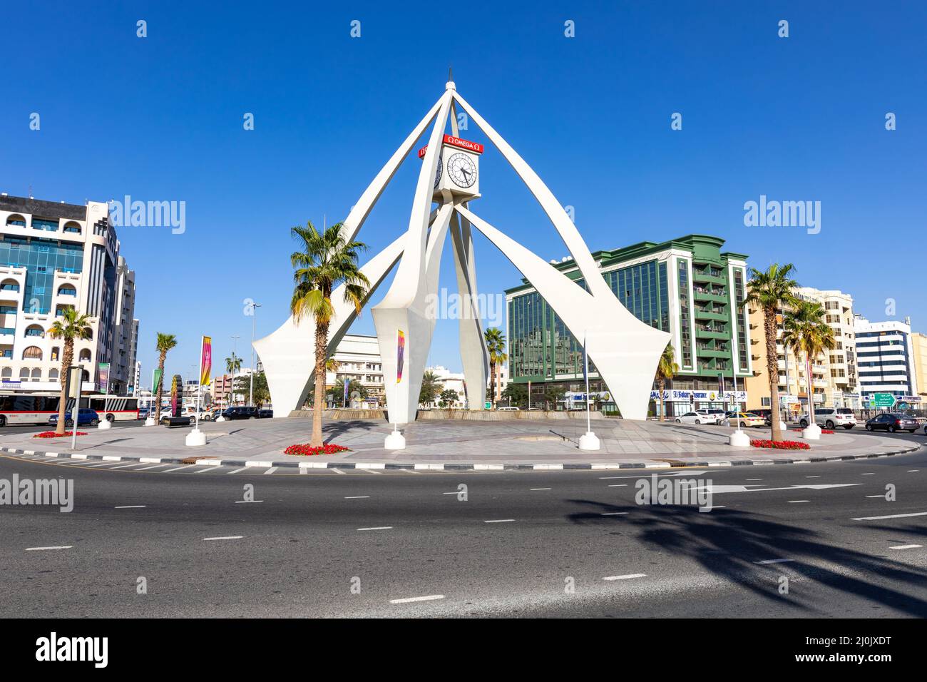 La rotatoria della torre dell'orologio di Deira, un vecchio punto di riferimento di Dubai costruito nel 1965. Emirati Arabi Uniti. Medio Oriente. Foto Stock