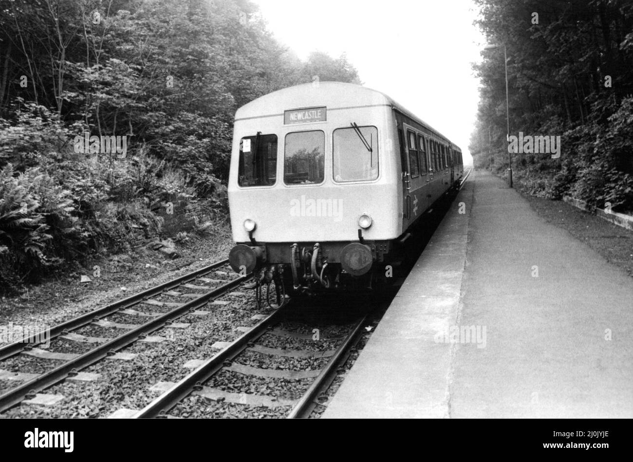 Una delle British Rails Diesel unità multiple in una delle stazioni rurali sulla linea Newcastle to Carlisle il 9th agosto 1981 Foto Stock