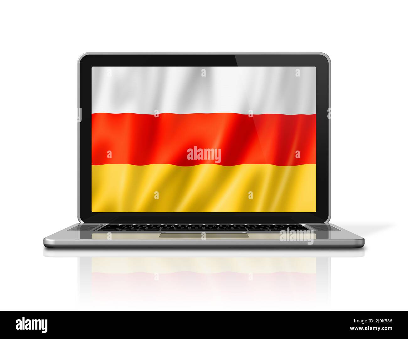 Bandiera dell'Ossezia del sud sullo schermo del portatile isolato su bianco. 3D illustrazione Foto Stock