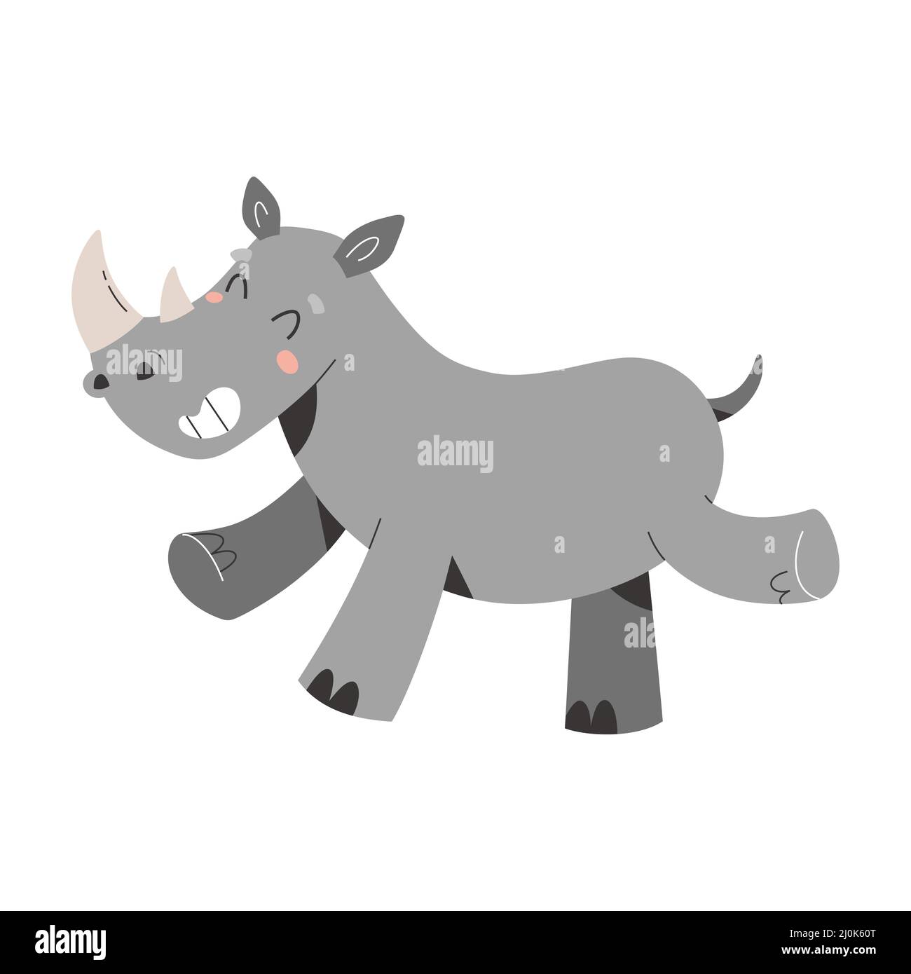 Carino rinoceronte, animale safari africano, jumping e sorridente mammifero selvatico con corna, illustrazione vettoriale cartone animato africano isolato su bianco Illustrazione Vettoriale