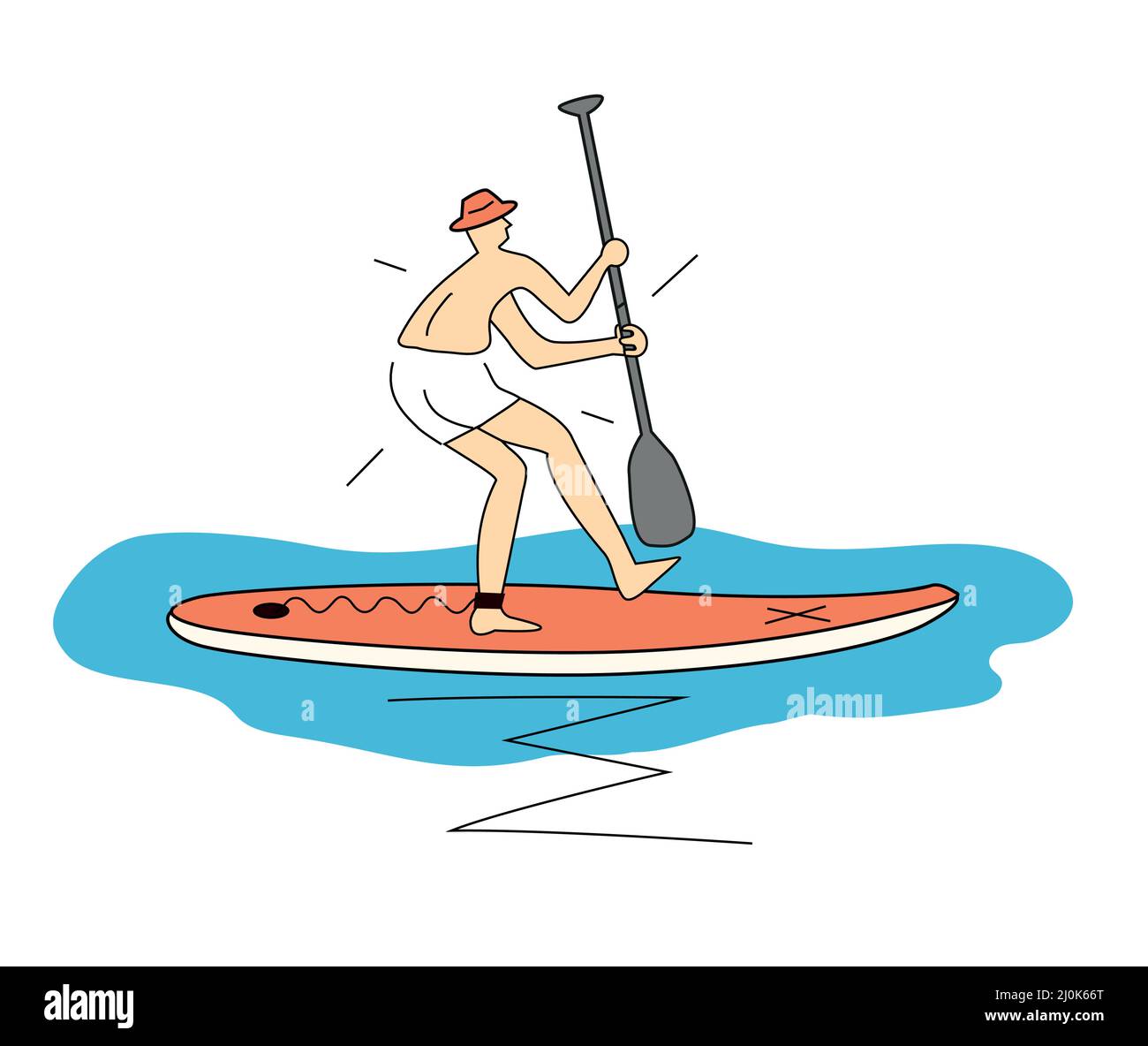 Divertente principiante su paddleboard, cartone animato. Semplice illustrazione stilizzata di un uomo divertente e spaventato con cappello a cavallo su una tavola da paddleboard. T-shirt design. Vettore ava Illustrazione Vettoriale