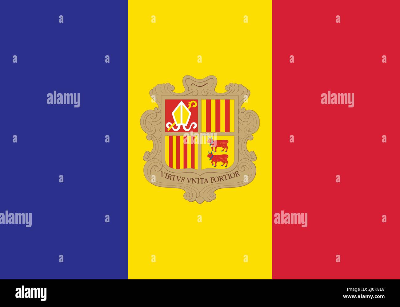 Andorra National Flag Vector Illustrazione come EPS. La bandiera di Andorra è la bandiera nazionale del Principato di Andorra e presenta un TIC verticale Illustrazione Vettoriale