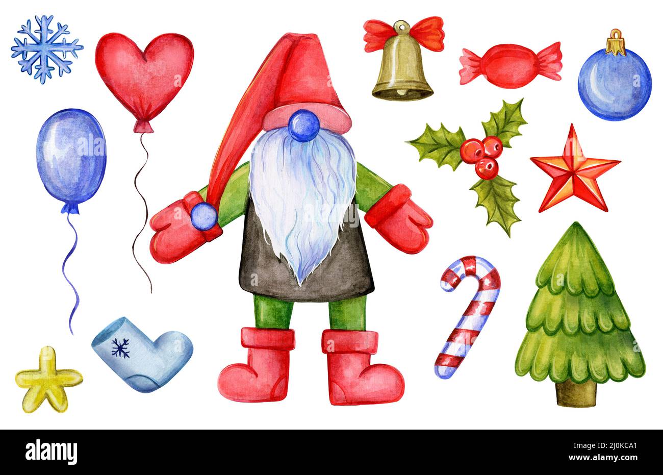 Set di decorazioni natalizie e Babbo Natale. Illustrazione dell'acquerello Foto Stock