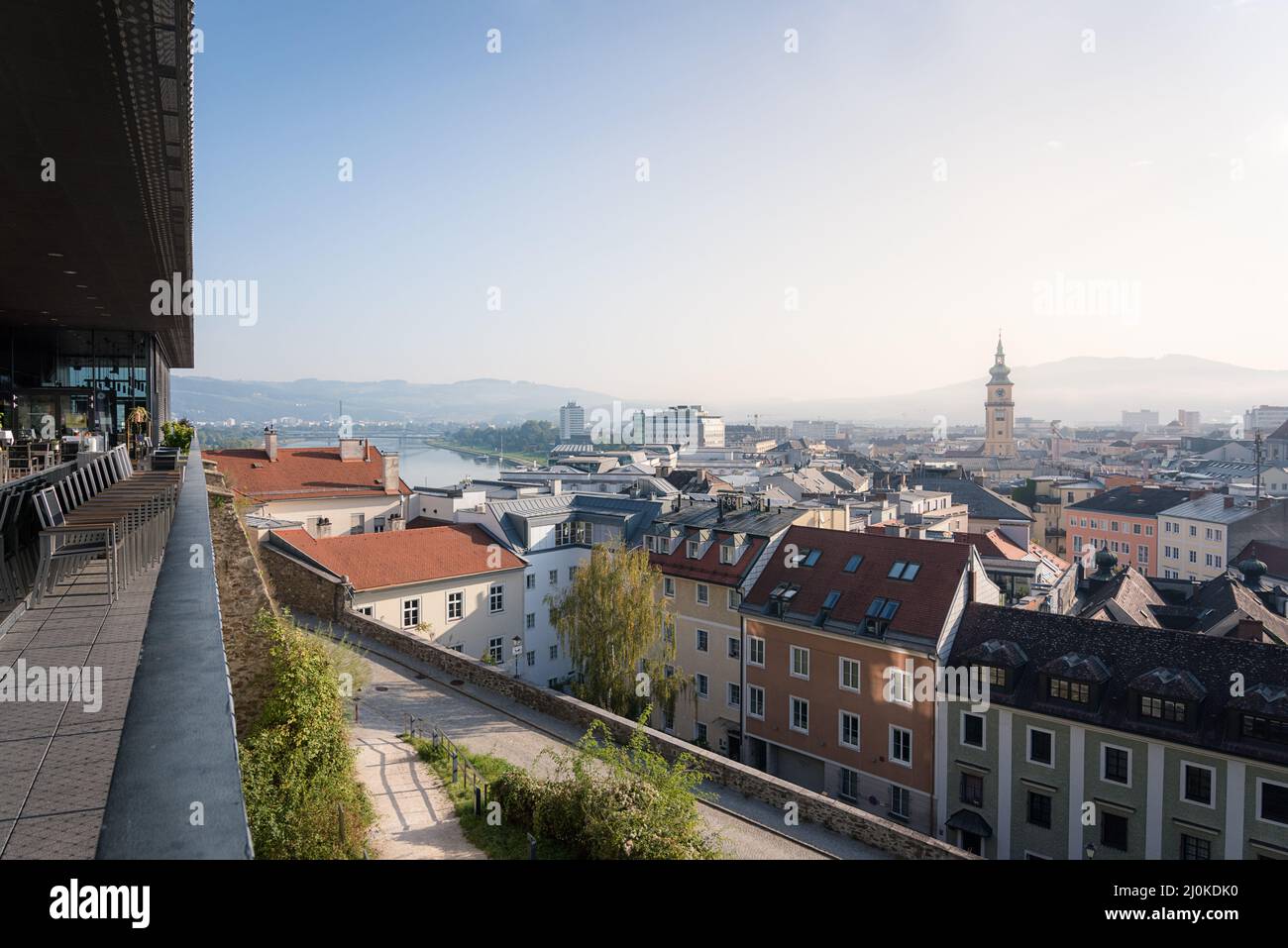 Linz Austria vista dal vecchio castello all'alba Foto Stock