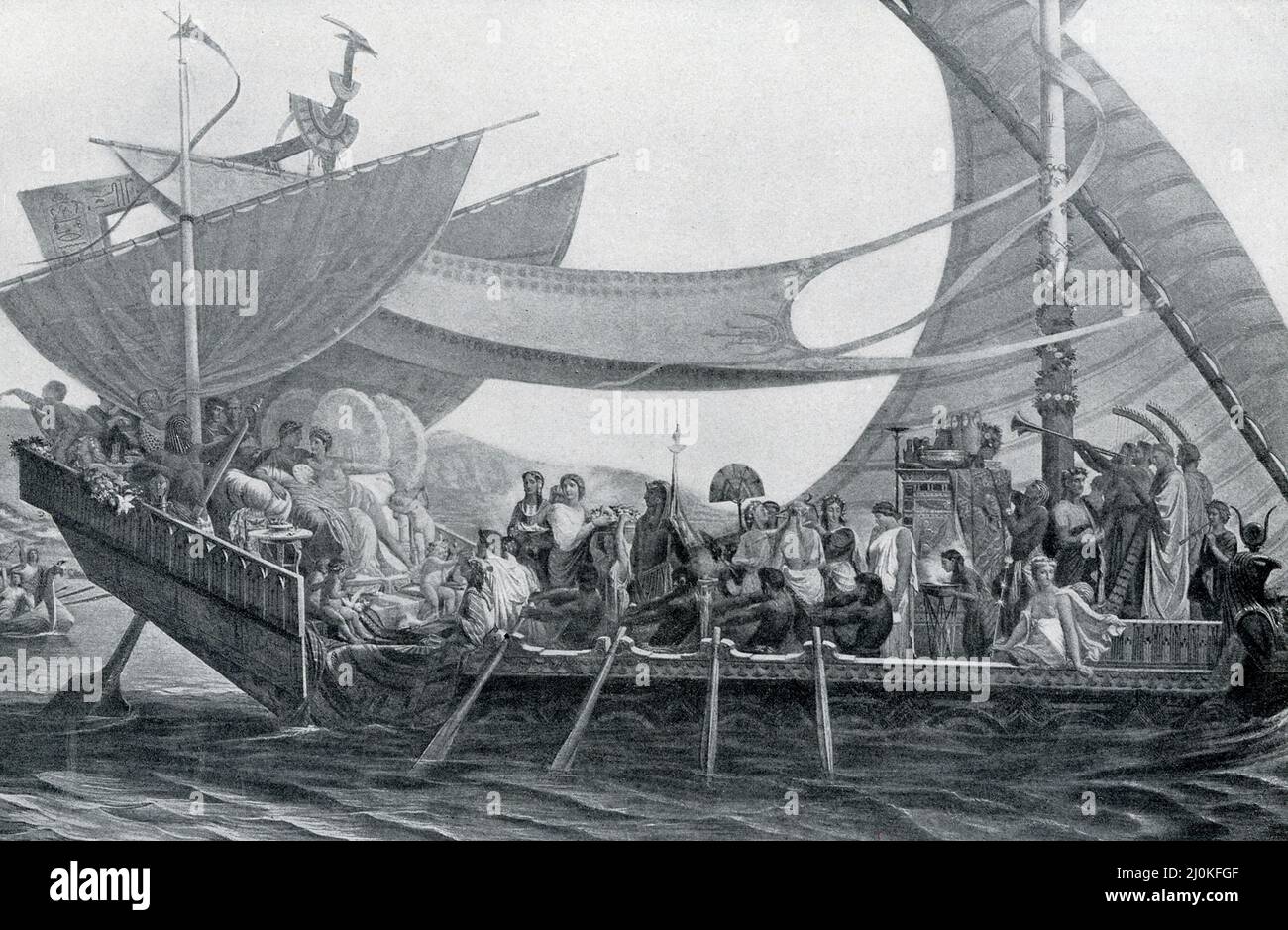 La didascalia di questa illustrazione del 1906 recita: “Ultima Festa di Cleopatra. Antony e Cleopatra, sconfitti dal nipote di Giulio Cesare Octavio (in seguito Augusto) , fuggirono in Egitto. Cleopatra tentò di usare gli Egiziani nella sua difesa, ma la sua causa era senza speranza. Tuttavia, continuò le sue apparizioni fino all'ultimo, continuando le sue stravaganti feste e feste sul Nilo, e cercando di intrattenere la cupa e disprezzata Antonia. Non fu fino a quando Octavius entrò effettivamente nel Nilo con le sue navi da guerra che Cleopatra abbandonò i suoi piaceri. Poi lei e Antony si uccisero." Cleopatra An Foto Stock