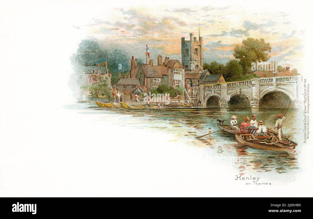 Cartolina d'epoca edoardiana Raphael Tuck & Sons di Henley-on-Thames, Oxfordshire, Inghilterra, che mostra Henley Bridge e la chiesa di St. Mary the Virgin. Foto Stock