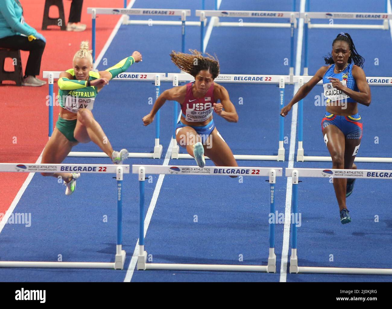 Liz CLAY of Australia, Gabriele CUNNINGHAM of USA, Maribel Vanessa CAICEDO of Ecuador, Heats 60 M Hurdles Donne durante i Campionati mondiali di atletica indoor 2022 il 19 marzo 2022 alla Stark Arena di Belgrado, Serbia - Foto Laurent Lairys / DPPI Foto Stock