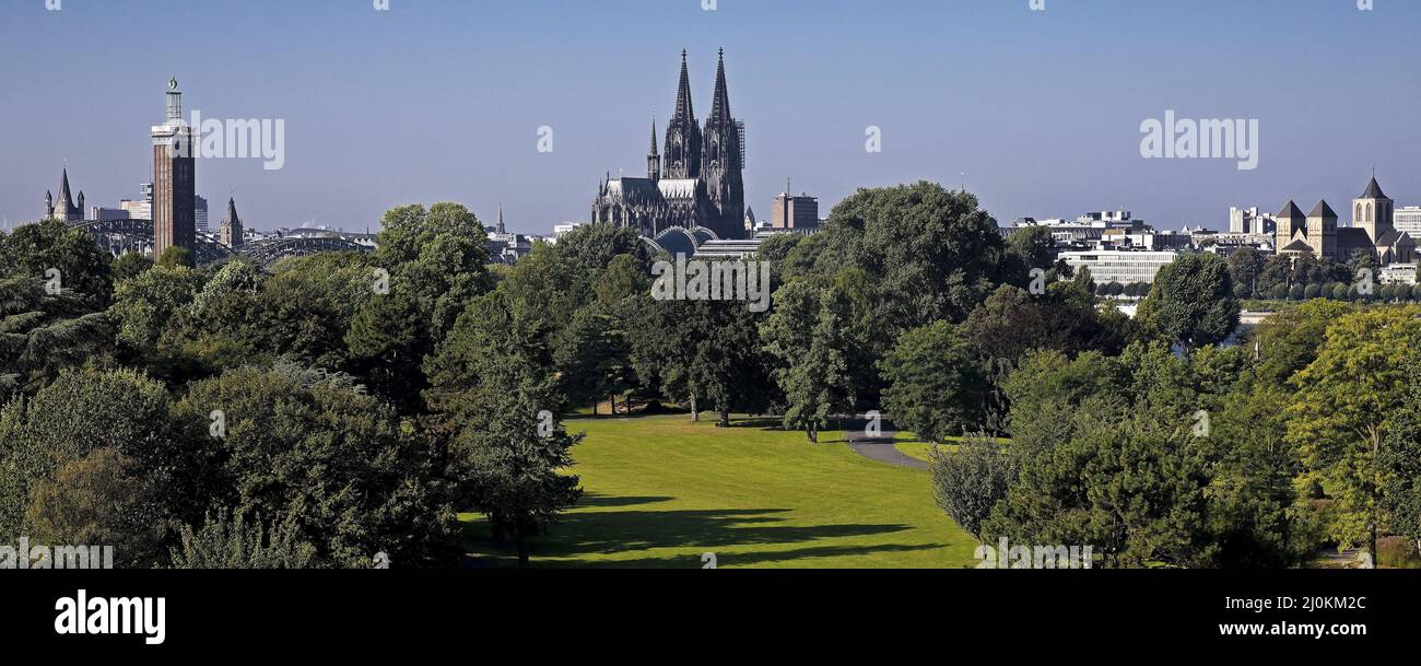Rheinpark con cattedrale e silhouette cittadina, Colonia, Renania settentrionale-Vestfalia, Germania, Europa Foto Stock