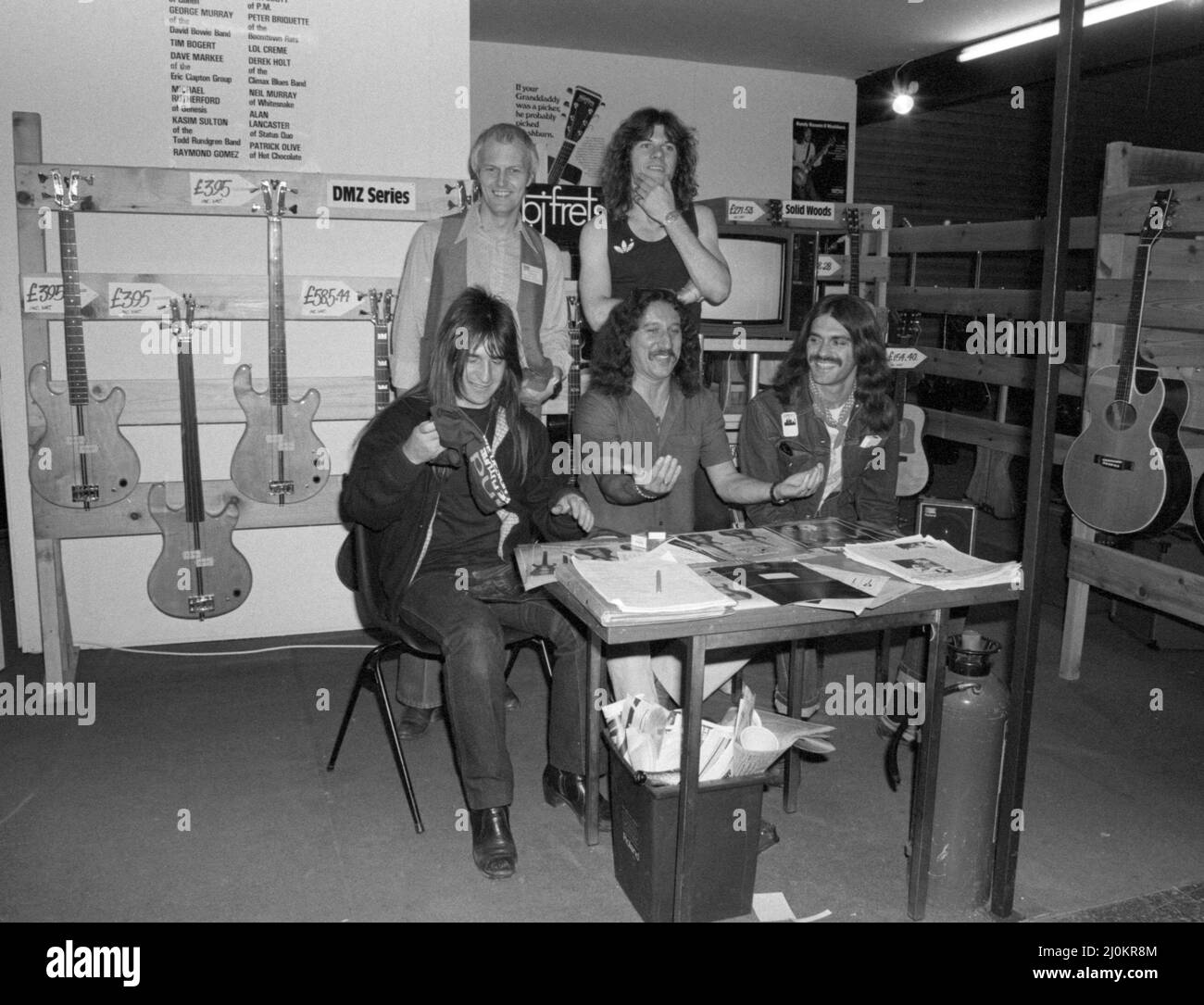 La rock band inglese Uriah Heep ha visitato la British Music Fair di Londra, Inghilterra nel 1986. Foto Stock