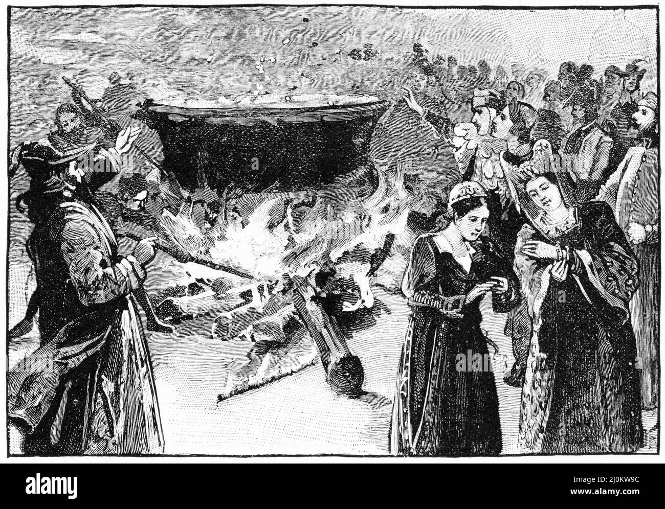 Incisione della congregazione al lancio di una nuova campana per la chiesa, con persone più ricche che inscatolano argento e oro nel metallo fuso. Foto Stock