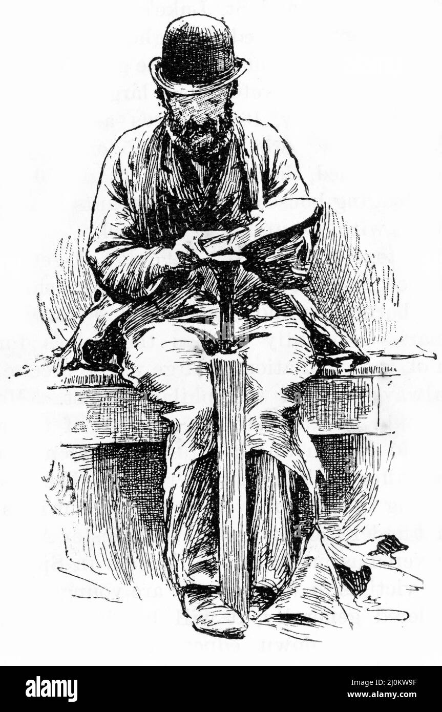 Incisione di un bootmaker al lavoro che ripara scarpe, circa 1890 Foto Stock