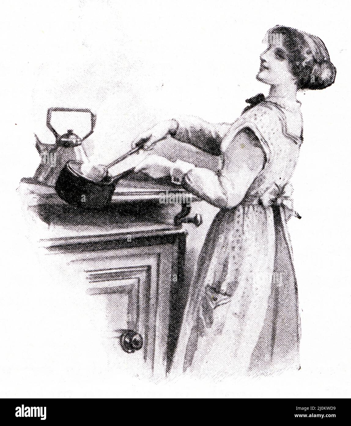 ritratto halftone di una giovane donna che prepara un pasto in una pentola, circa all'inizio del 1900s Foto Stock