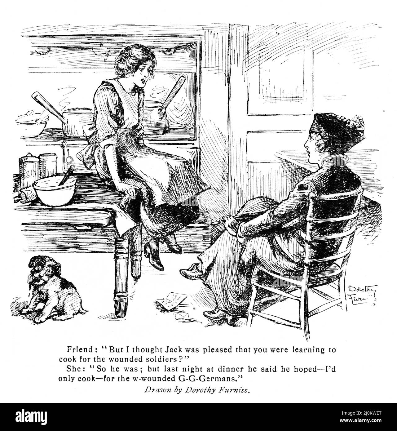 Incisione di una giovane moglie che lamenta un amico per la sua cattiva cucina durante la prima guerra mondiale. Dalla rivista Punch. La didascalia recita: Amico: 'Ma ho pensato che Jack fosse per favore che stavate imparando a cucinare per i soldati feriti?' Lei: 'Lo era, ma la sera scorsa a cena ha detto che sperava - io solo cucinare - per i G-G-tedeschi w-ferito.' Foto Stock