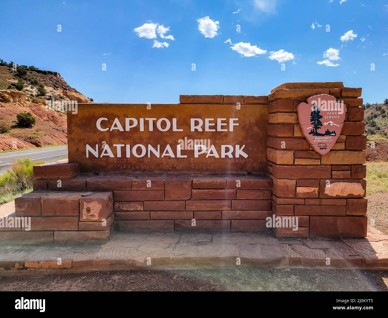 Cartello d'ingresso del Parco Nazionale Capitol Reef Foto Stock