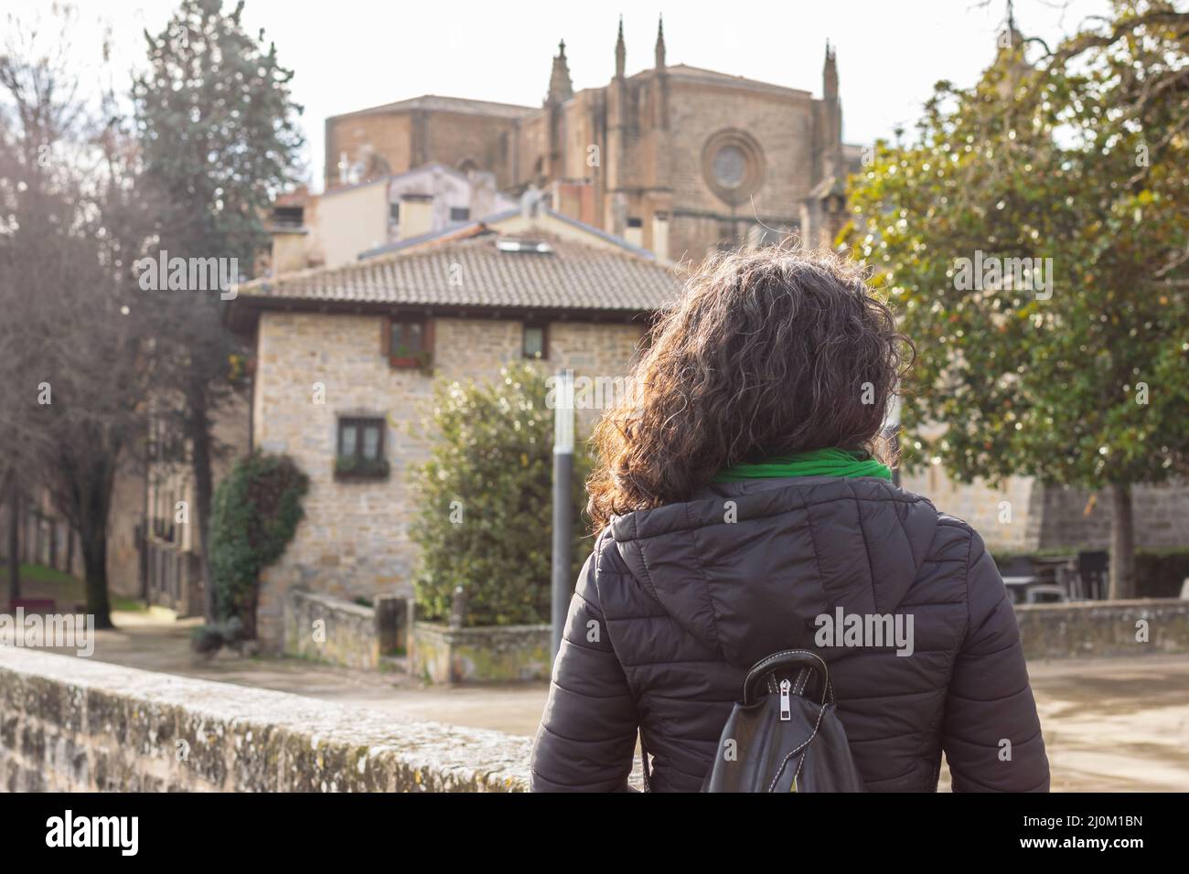 Vista posteriore di una donna dai capelli scuri in cappotto soffiato che guarda il bellissimo vecchio castello Foto Stock