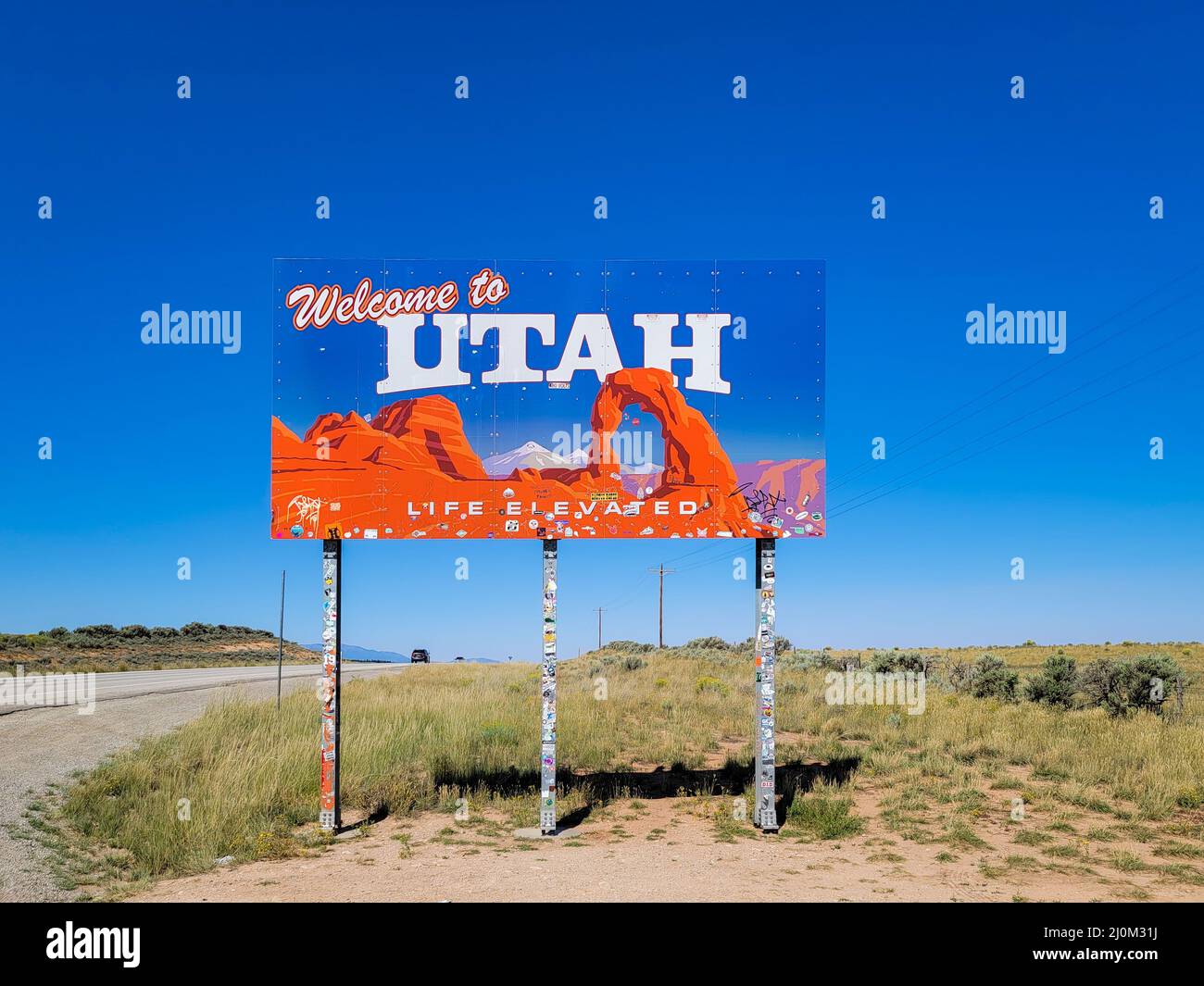 Benvenuto al cartello Utah Road al confine con il Colorado Foto Stock