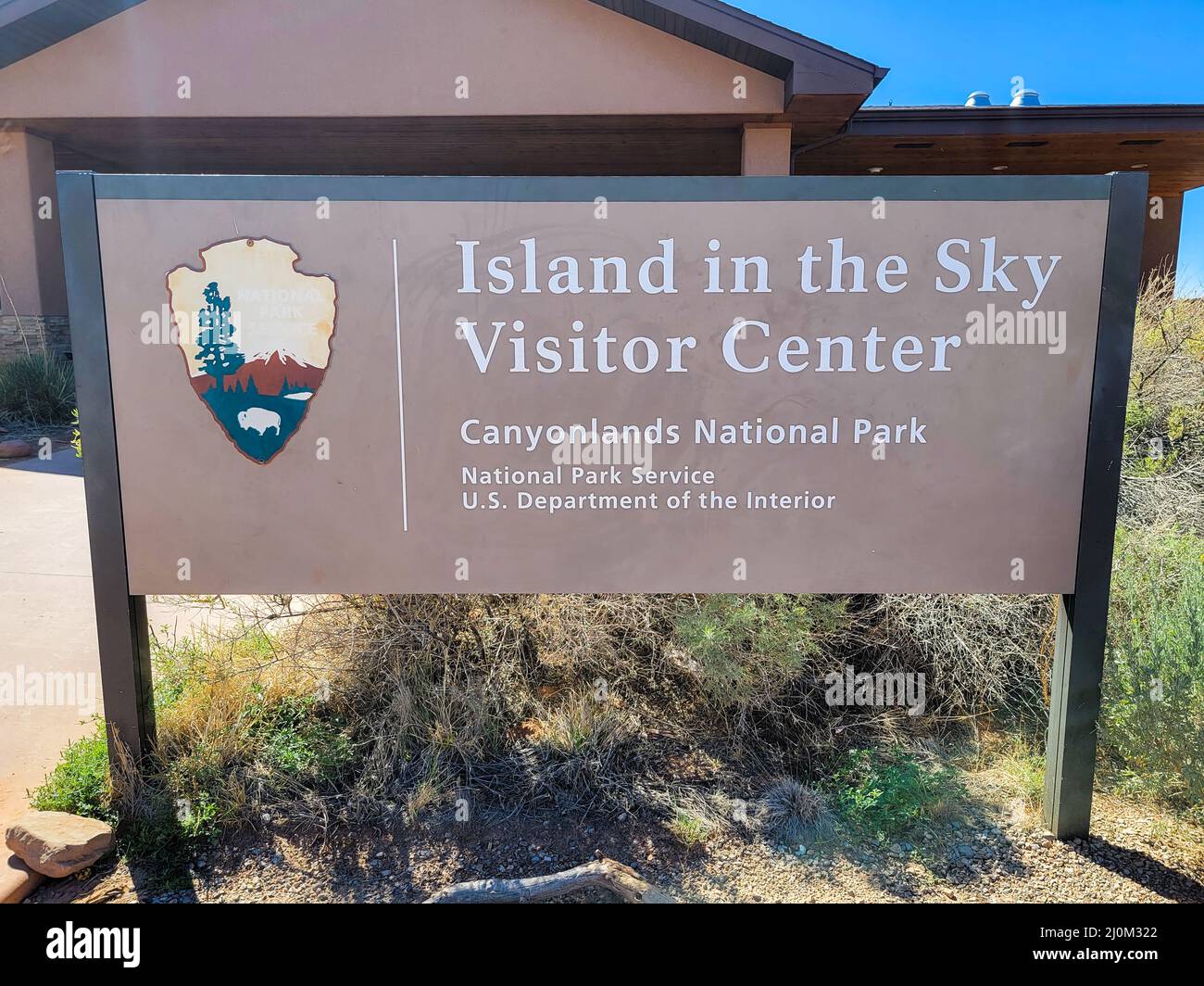 Cartello per il centro visitatori Island in the Sky Foto Stock