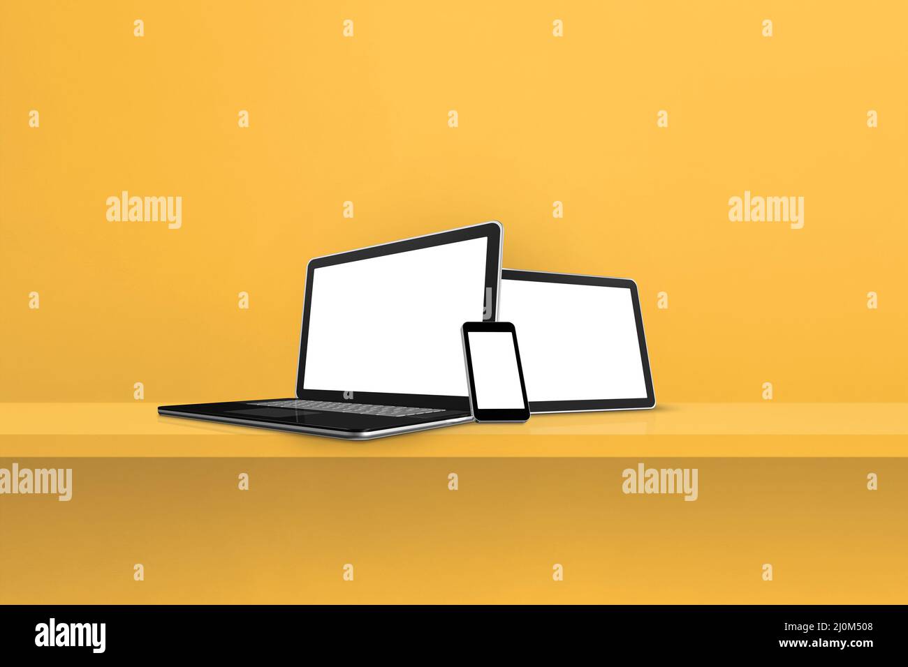 Notebook, telefono cellulare e tablet PC digitale su ripiano a parete giallo. Sfondo orizzontale Foto Stock