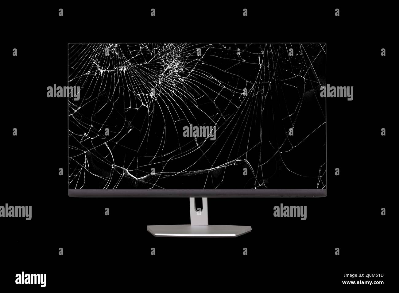 Monitor del computer con uno schermo rotto isolato su sfondo nero Foto Stock