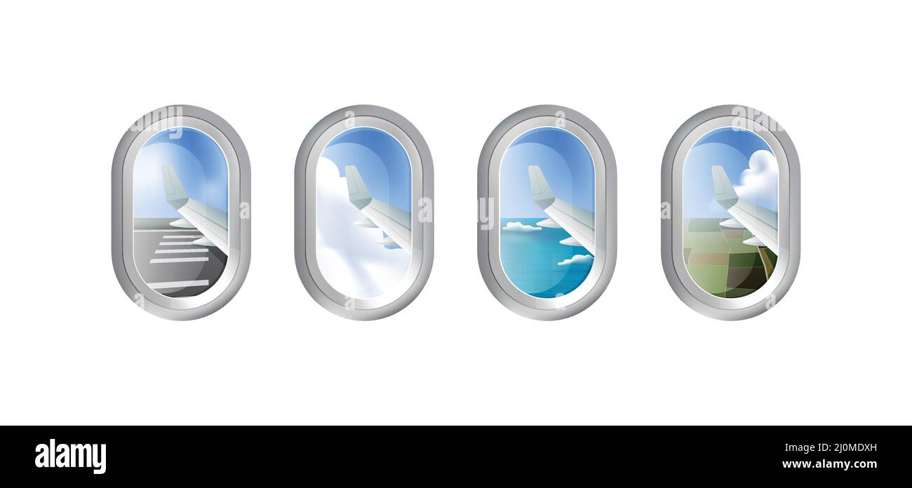 Finestre dell'aeroplano con vista esterna differente, pista, cielo, oceano e terra, illustrazione vettoriale Illustrazione Vettoriale