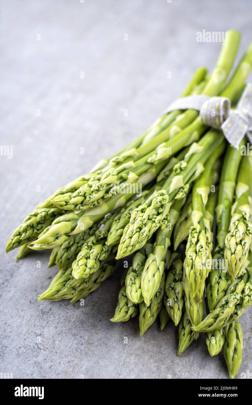 Riga verde Asparagus come primo piano su sfondo grigio con spazio di copia a sinistra Foto Stock