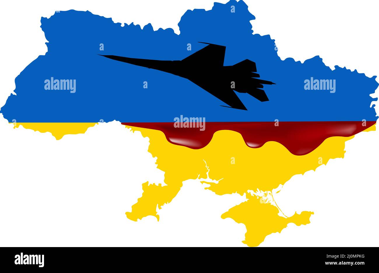 Mappa dell'Ucraina, annegata nel sangue. Invasione russa dell'Ucraina. Macchina militare russa. Illustrazione Vettoriale