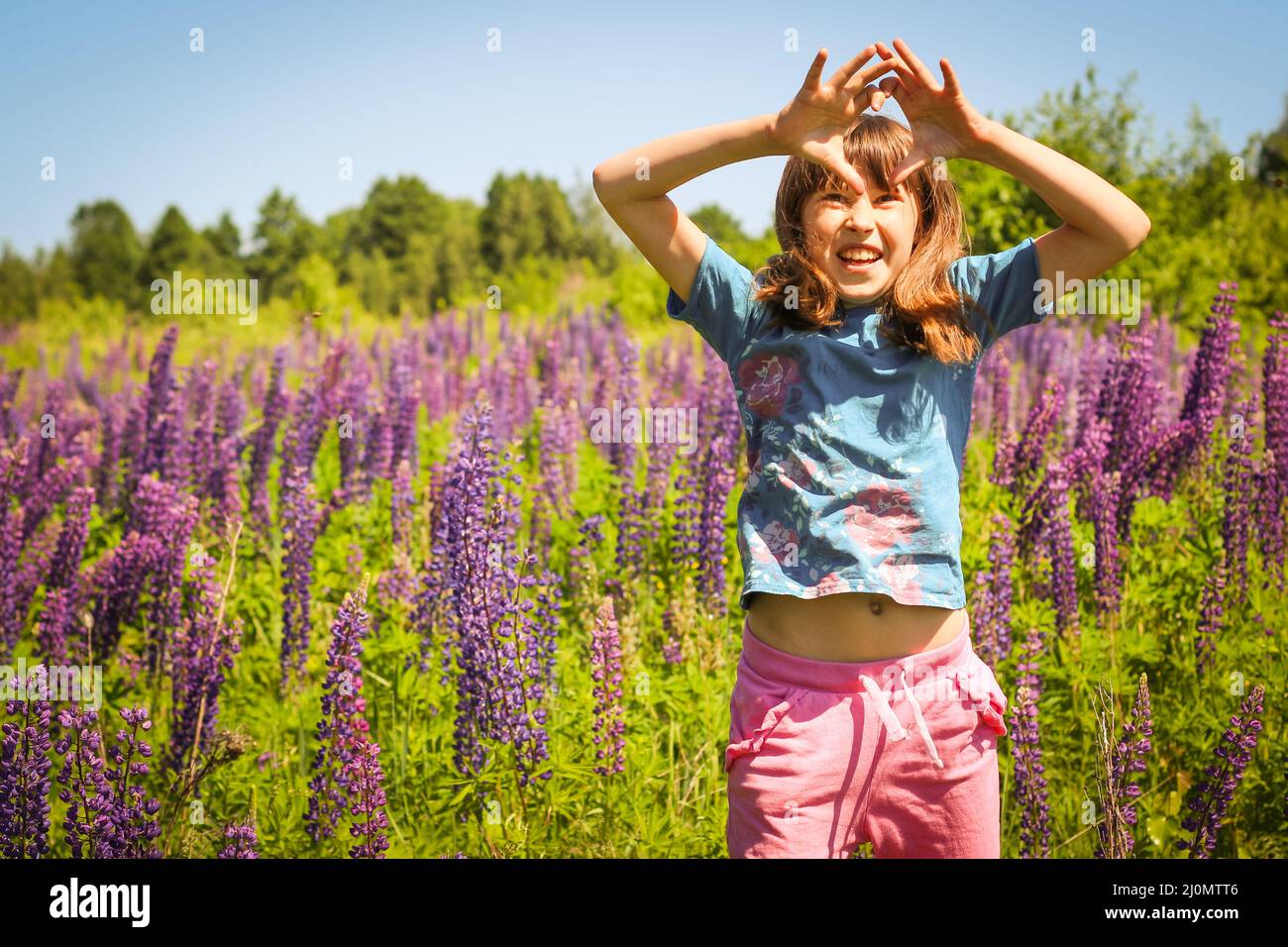 Bambina sul prato di fiori. Concetto felice di infanzia, bambino che ha divertimento. Foto Stock