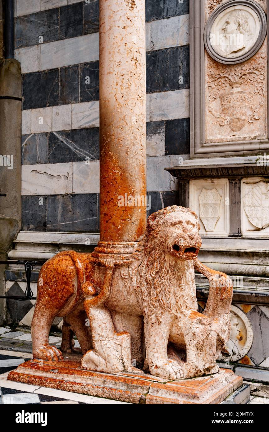 Portale dei leoni rossi, ingresso principale alla cattedrale di Santa Maria maggiore. Bergamo, Italia Foto Stock