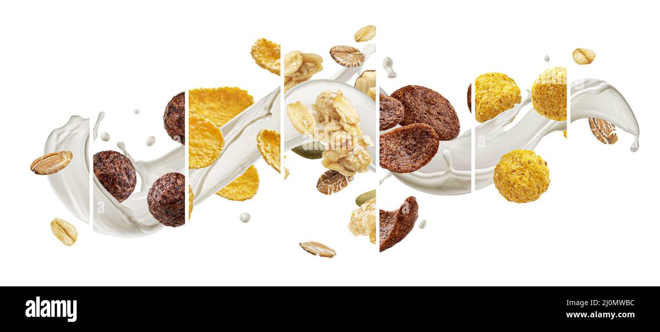 Collage per la colazione a base di cereali, granola e fiocchi di mais con spruzzi di latte Foto Stock