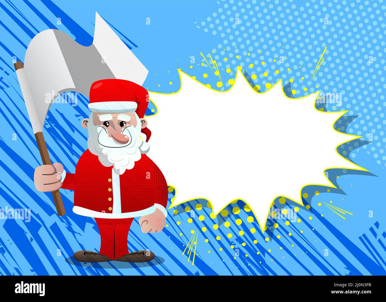 Babbo Natale nei suoi vestiti rossi con barba bianca regge la bandiera bianca della resa. Illustrazione del carattere vettoriale del cartone animato. Illustrazione Vettoriale