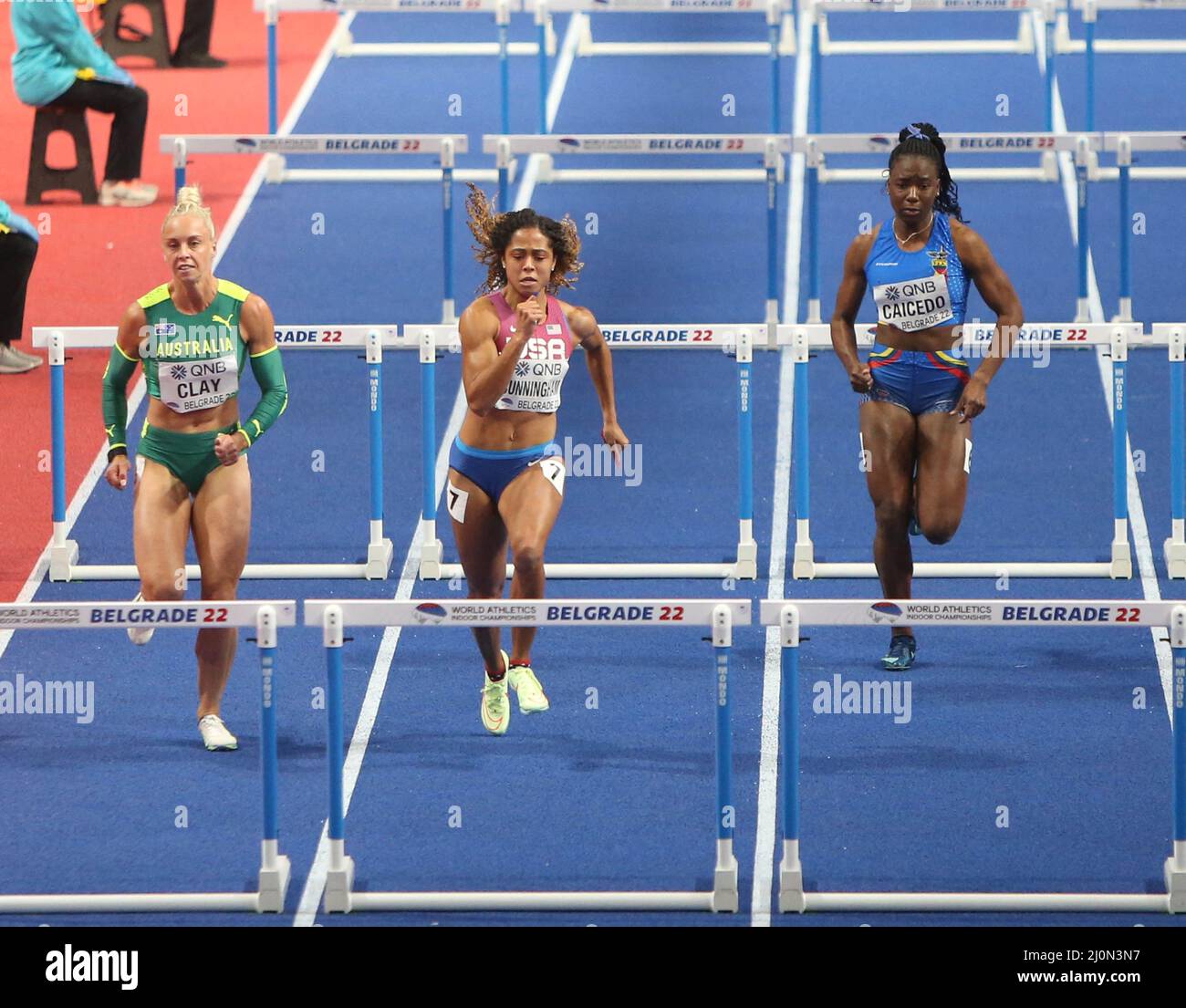 Liz CLAY of Australie , Gabriele CUNNINGHAM of USA e Maribel Vanessa CAICEDO of Ecuador Heats 60 M Hurdles Donne durante i Campionati mondiali di atletica indoor 2022 il 18 marzo 2022 alla Stark Arena di Belgrado, Serbia - Foto Laurent Lairys / /ABACAPRESS.COM Foto Stock