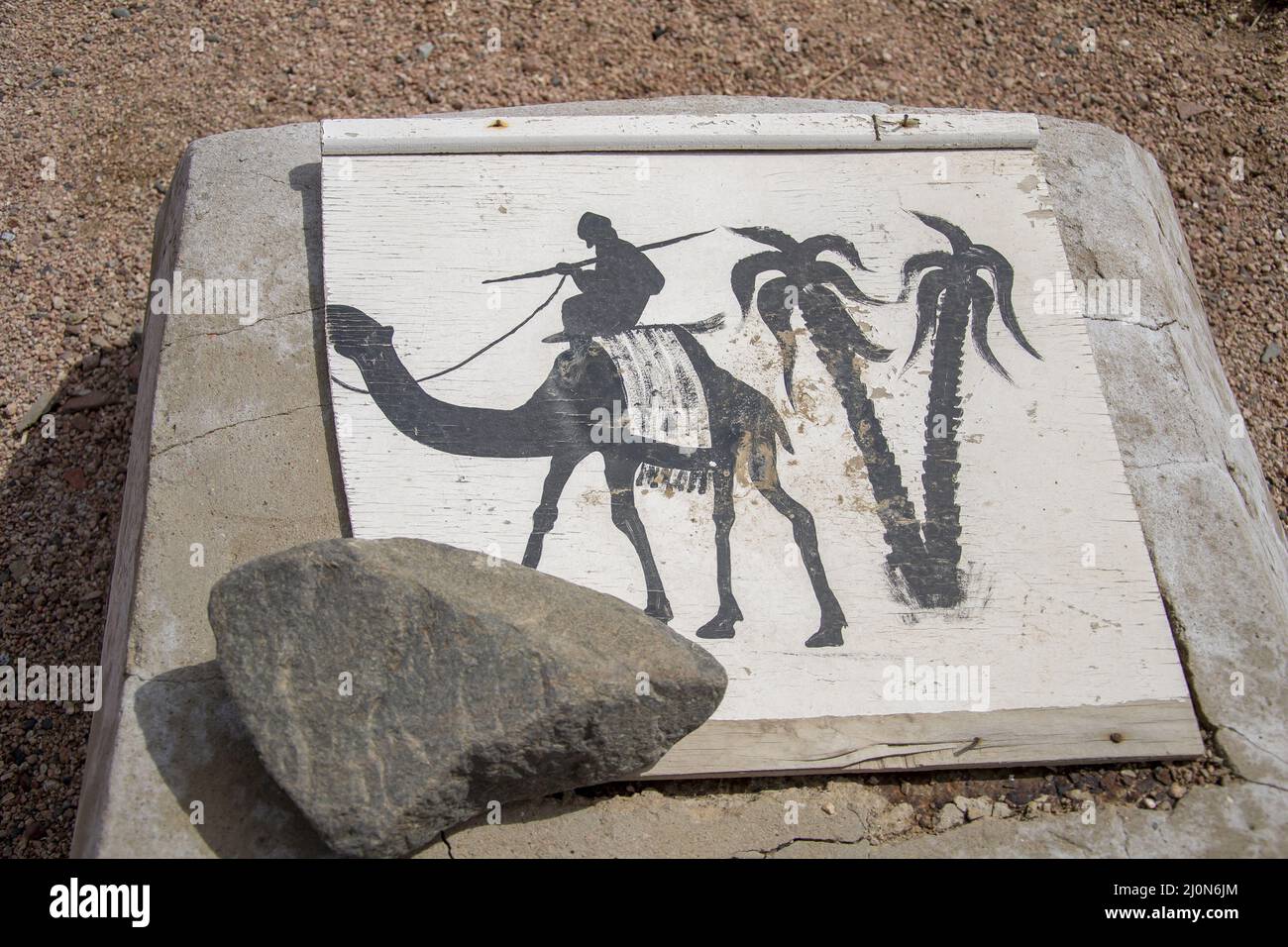 Pittura di un cammello beduino accanto alla palma su un bosco. Dahab .Egitto. Foto Stock