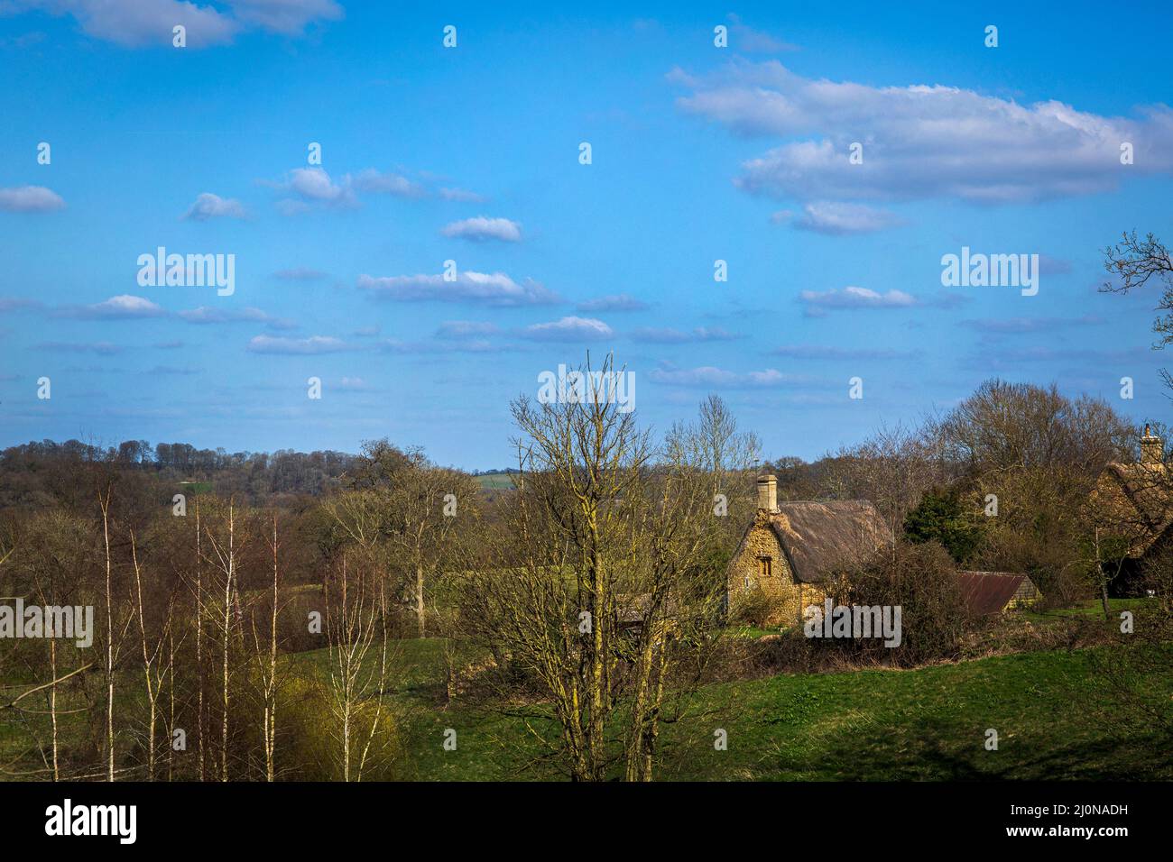 Cottage con il tetto di paglia nel villaggio Costwold di grande Tew, Oxfordshire, England, Regno Unito Foto Stock