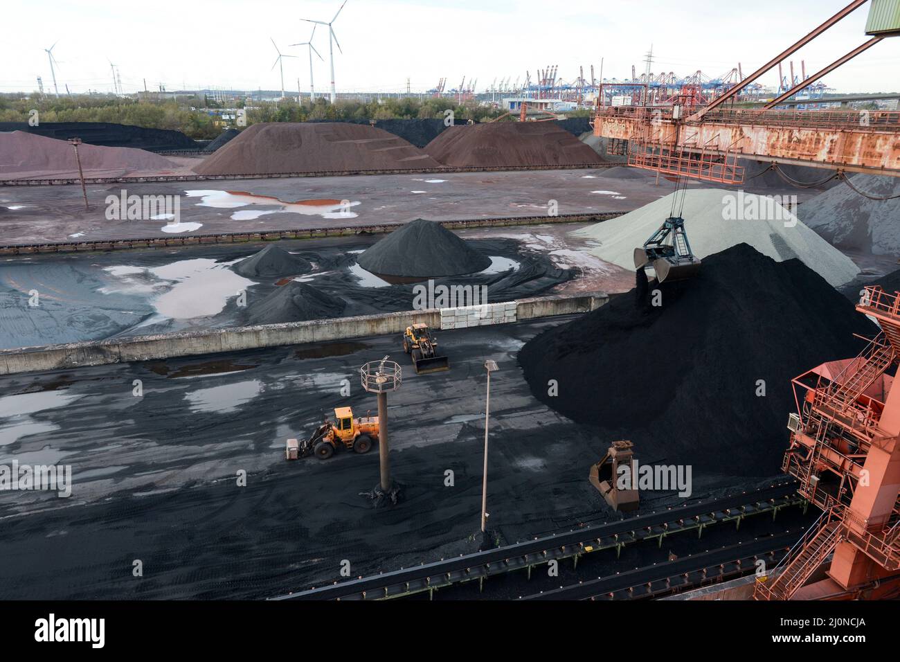 Germania, Amburgo, il porto alla rinfusa Hansaport, l'importazione di carbone duro e minerale per le fabbriche siderurgiche e le centrali elettriche tedesche, il carbone è importato dalla Russia, dalla Colombia, dal Canada, dall'Australia e da altri paesi Foto Stock