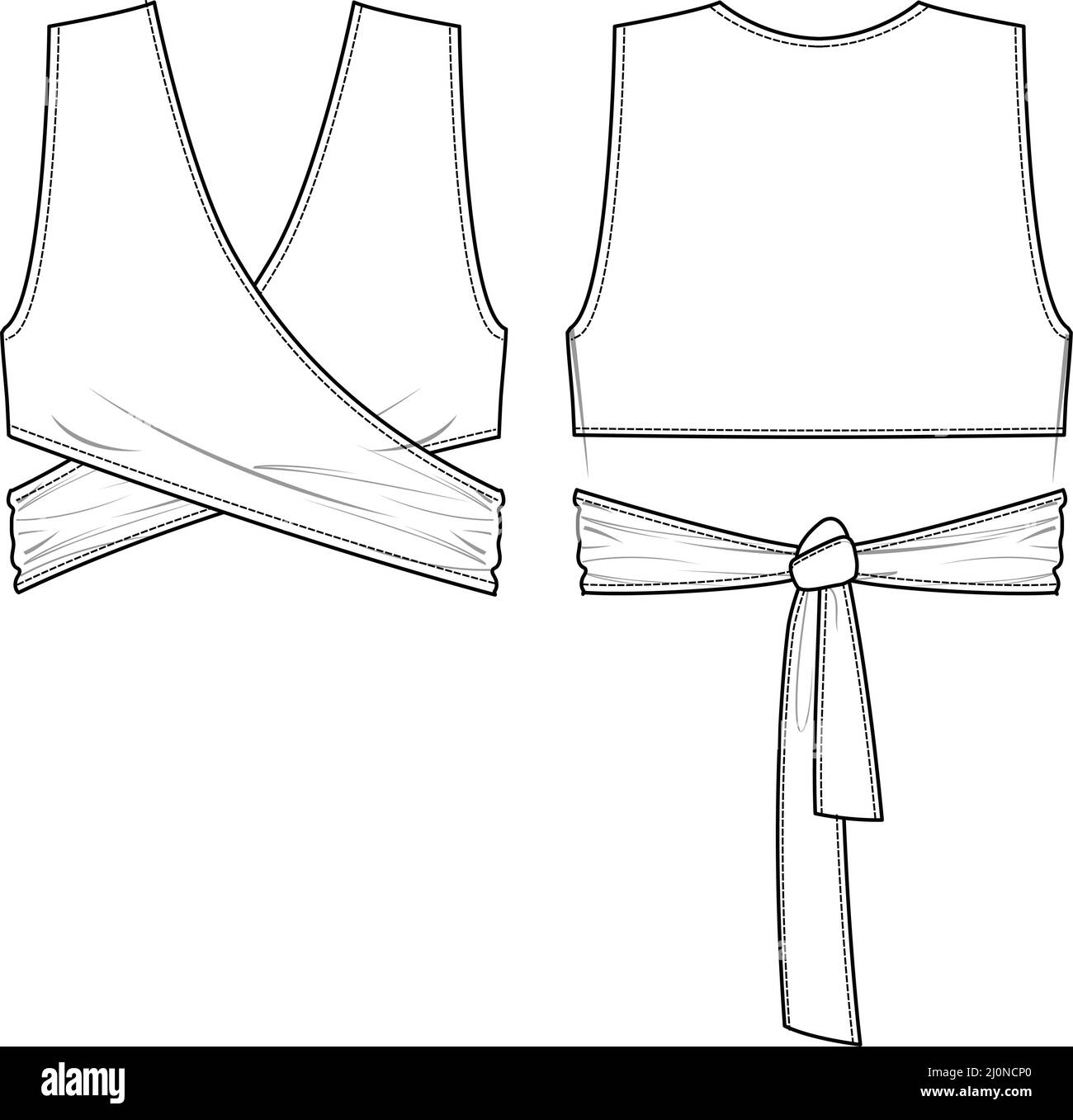 Vector donna V-neck blouse sketch, wrap blouse senza maniche moda CAD, Summer crop top Technical sketch, femmina flat, template. Maglia o tessuto fabri Illustrazione Vettoriale
