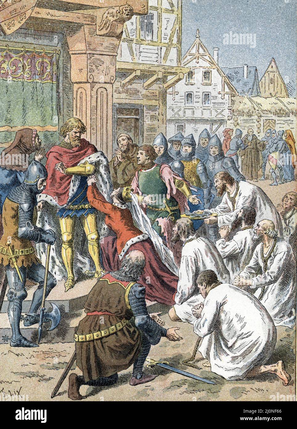 Guerre de cent ans, 1347 : Les Bourgeois de Calais Conduits par Eustache de Saint-Pierre, s’offrent en otages a Edouard III (1312-1377) roi d'Angleterre - ILS sont sauves Grace a l’intervention de Philippa de Hainault (Assedio di Calais da Edoardo III in 1346 - 1347- la regina Philippa de Hainaut implorò il suo sposo per concedere al borghese di Calais - Burghers di Calais erano sei dei cittadini più importanti di Calais con corde circa il loro collo è venuto prima del re Edoardo III e gli ha consegnato il Chiavi della loro città) gravure tiree de 'la France a travers les siecles' de Witt 1897 Collection privee Foto Stock