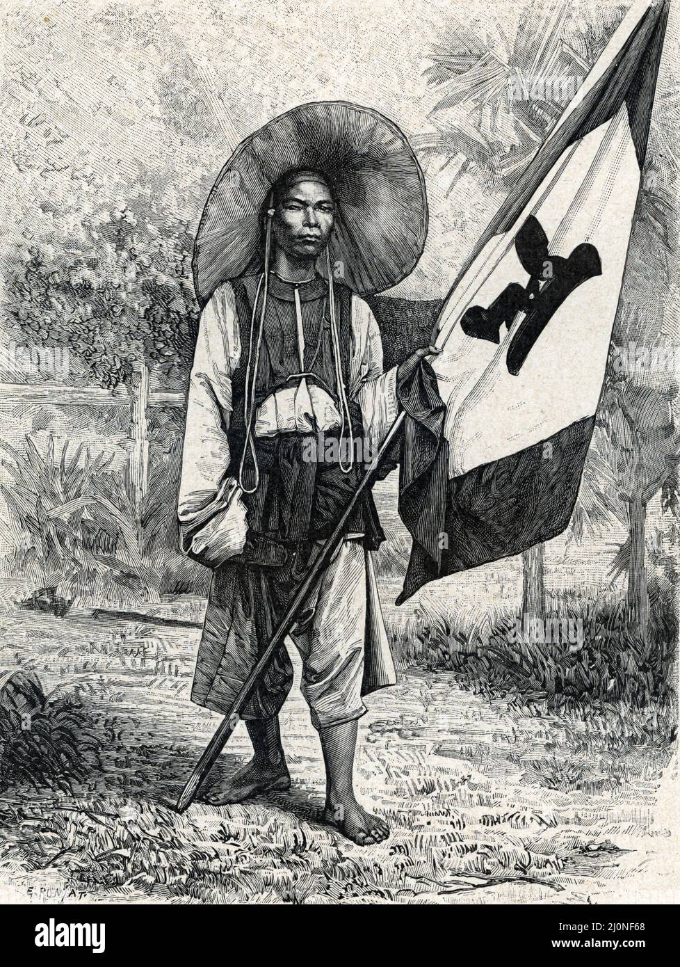 'Portrait d'un regulier chinois, membre des Pavillons noirs, lors du siege de Tuyen Quang pendant la guerre franco-chinoise au Tonkin 1884-1885 (ritratto di un soldato della bandiera nera durante l'assedio di Tuyen Quang tra gli eserciti francesi e cinesi a Tonkin (Vietnam settentrionale) durante la guerra sino-francese (Agosto 1884 – aprile 1885)) gravure tiree de 'la France a travers les siecles' de Witt Collezione privee 1897 Foto Stock