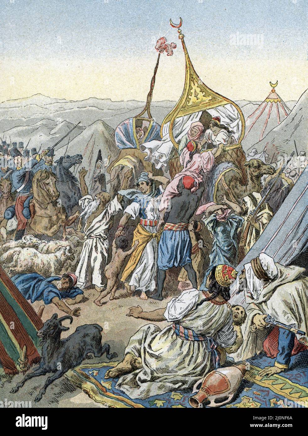 Conquete de l'Algerie par la France : pry de la smalah d'Abd-el-Kader a Taguinpar le duc d'Aumale, 16 mai 1843 (bataille de la smala ou Combat de Taguine) (la battaglia della Smala fu combattuta nel 1843 tra la Francia e i combattenti di resistenza algerini durante la conquista francese dell'Algeria : Cattura della Smala di Abd El-Kader, 16 maggio 1843) gravure tiree de 'la France a travers les siecles' de Witt Collezione privee 1897 Foto Stock