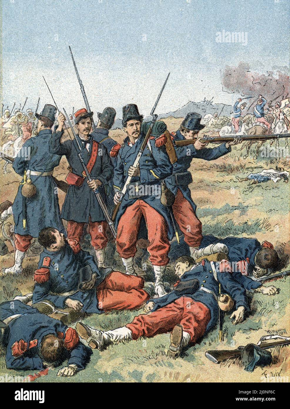 Conquete de l'Algerie par la France : le sergent Blandan et ses hommes au camp d'Erlon a Boufarik a la redoute de Beni Mered (Camp de Blida) avril 1842 (morte di Sergent Blandan in Algeria 1842) gravure tiree de 'la France a travers les siecles' de Witt 1897 Collection privee Foto Stock