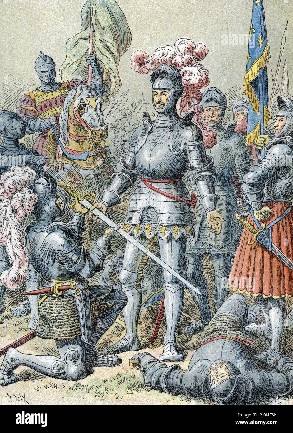 Guerre d'Italie (1521-1526): la bataille de Pavie (24 fevrier 1525), opposant les troupe francaises de Francois Ier (1494-1547) et celles de Charles Quin (1500-1558), lors de laquelle, le roi de France est fait nier apres sa defaite, Francois er de Lanème, la battaglia di Charles de Paéme () 24th febbraio 1525 tra l'esercito francese sotto il re Francesco i e le truppe tedesco-spagnole dell'imperatore Carlo V, Chi era il vincitore - Francesco i di Francia è stato preso prigioniero dopo la sua sconfitta e dà la sua spada a Charles de Lannoy) gravure tiree de 'la France a travers les siecles' de Foto Stock