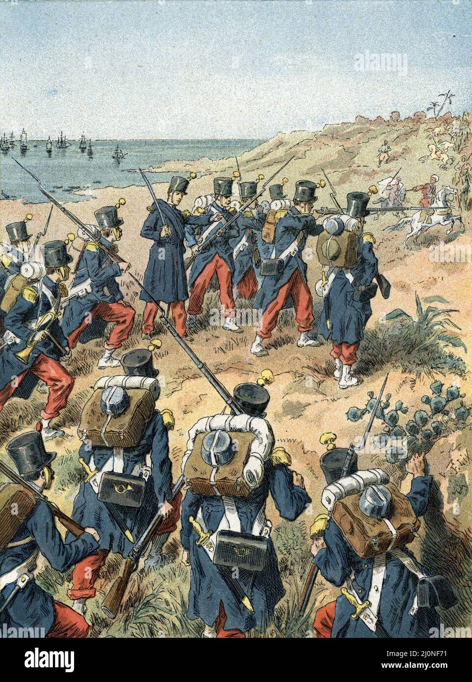 Conquete de l'Algerie par la France : Debarquement de Sidi-Ferruch (sidi ferruch ou sii-fredj) le 14 juin 1830 (conquista francese di Alegeria : invasione di Algeri nel 1830) gravure tiree de 'la France a travers les siecles' de Witt 1897 Collection privee Foto Stock
