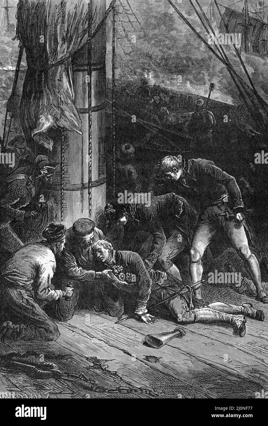 'Mort de Horatio Nelson, 1er vicomte Nelson, duc de Bronte (1758-1805) au large du cap de Trafalgar' (morte di Horatio Nelson, 1st Visconte Nelson 21st ottobre 1805) gravure tiree de 'la France a trivers les siecles' de Witt 1897 Collection privee Foto Stock