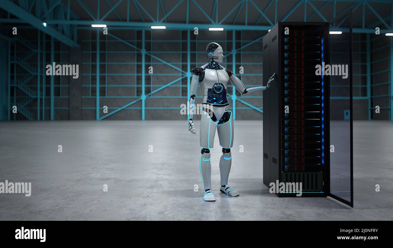 Sala server robot umanoidi Foto Stock