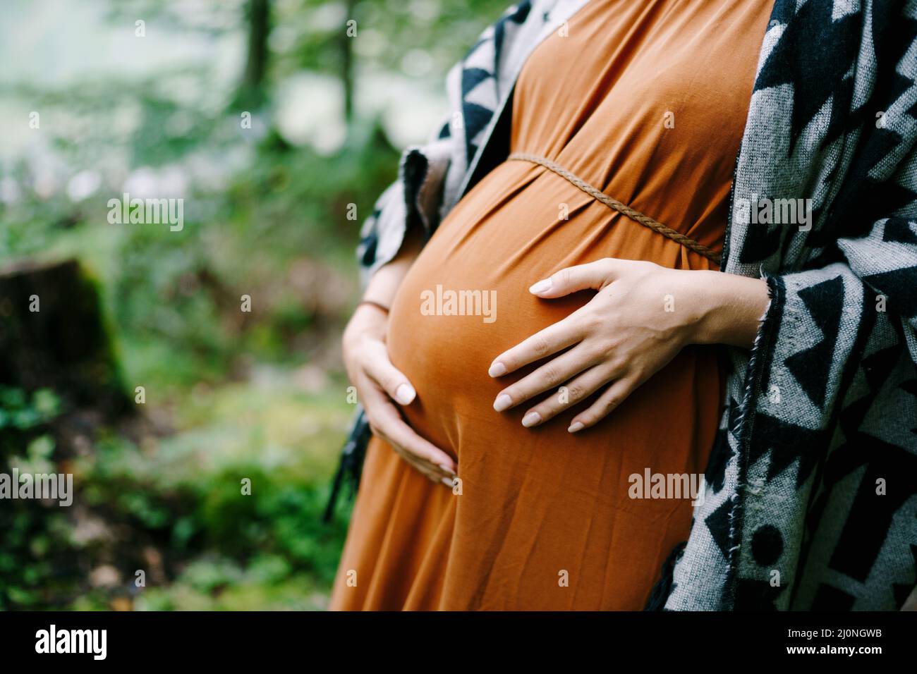 Donna incinta abbraccia il ventre con le mani nel parco verde Foto Stock